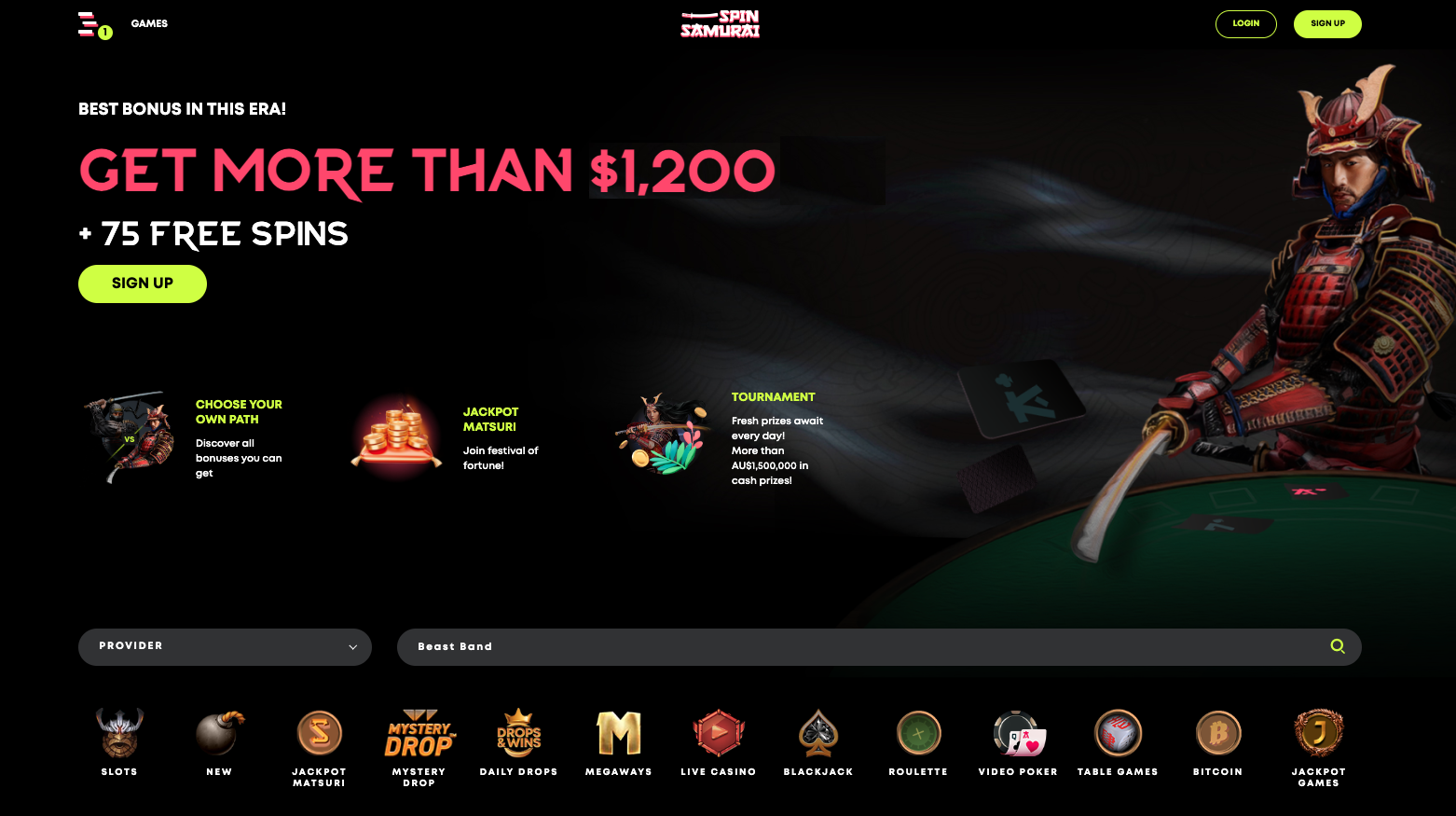 Spinsamurai casino online screenshot homepage