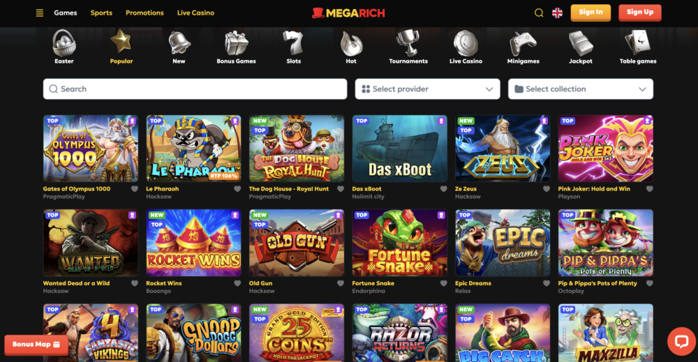 megarich online casino games selection